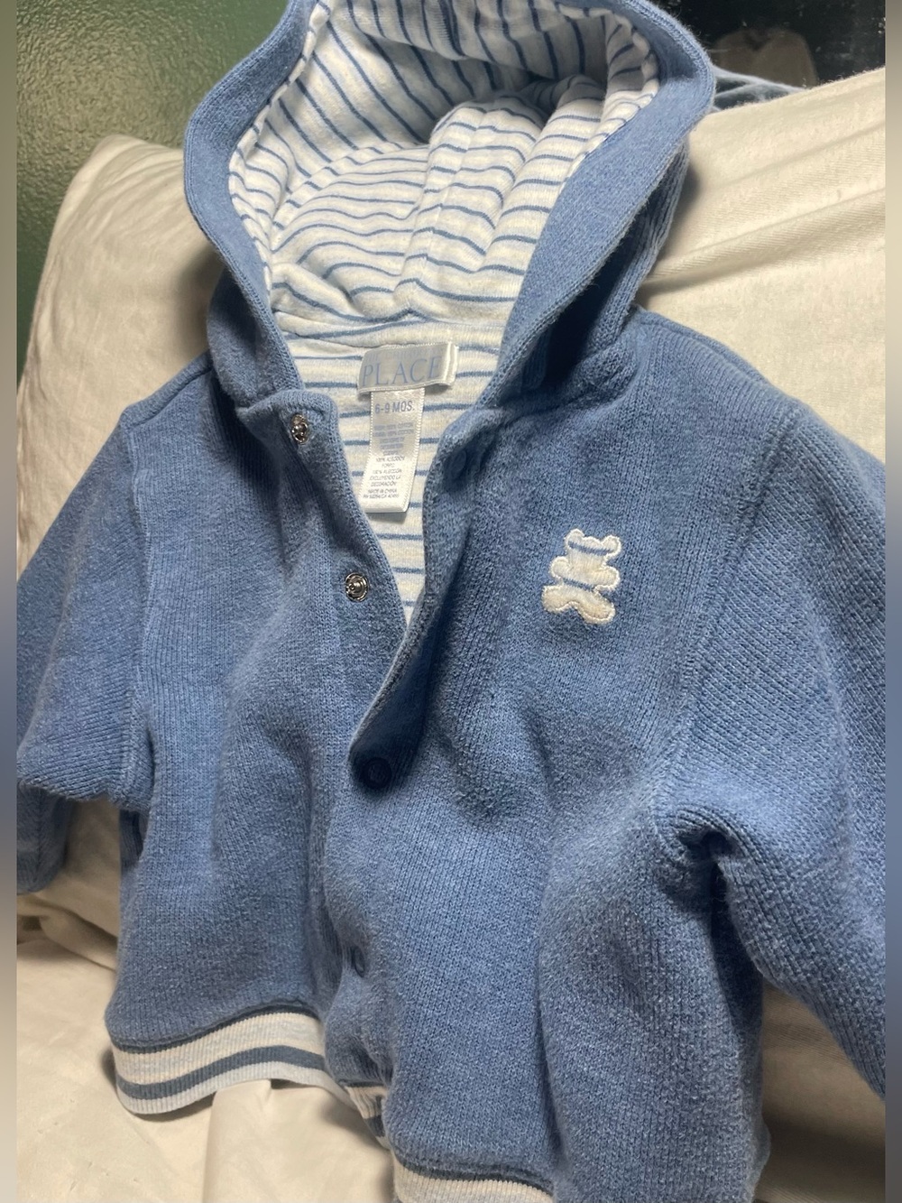 The Children's Place Blue Hooded Ribbed Jacket with Bear Patch Size 6-9 months